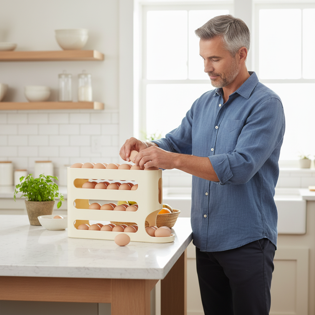 Homme 50 ans range-œuf beige carré